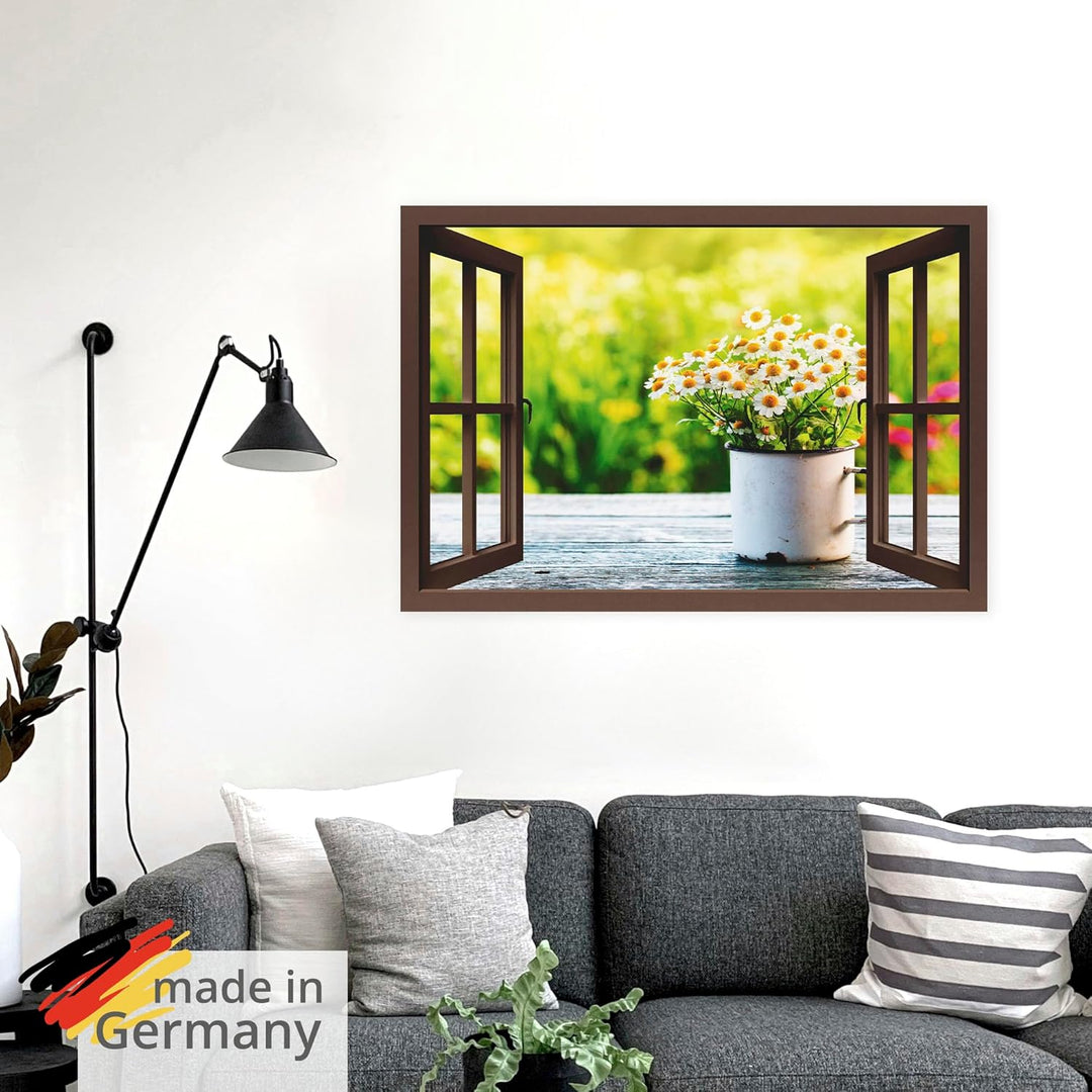 ARTland Wandbild selbstklebend Vinylfolie 100x70 cm Fensterblick Fenster Botanik Blumen Gänseblümche