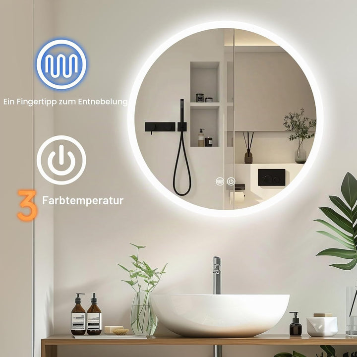 Youyijia Spiegel LED-Badspiegel Rund 70cm Mit Beleuchtung, Touch-Schalter, Dimmbar, 3 Lichtfarben, B