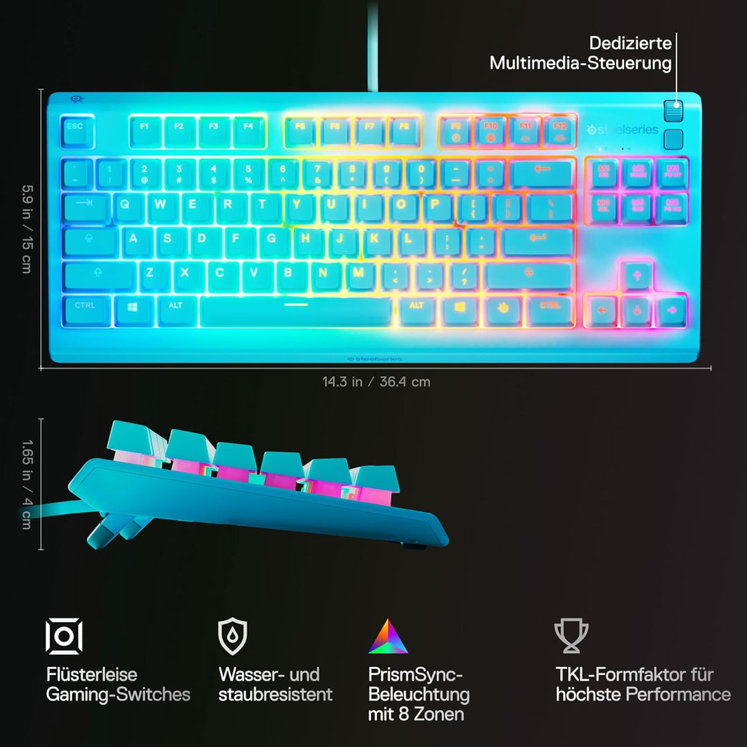 SteelSeries Apex 3 TKL Aqua RGB Gaming-Tastatur – Kompakter Tenkeyless-Formfaktor – 8-Zonen-RGB-Bele