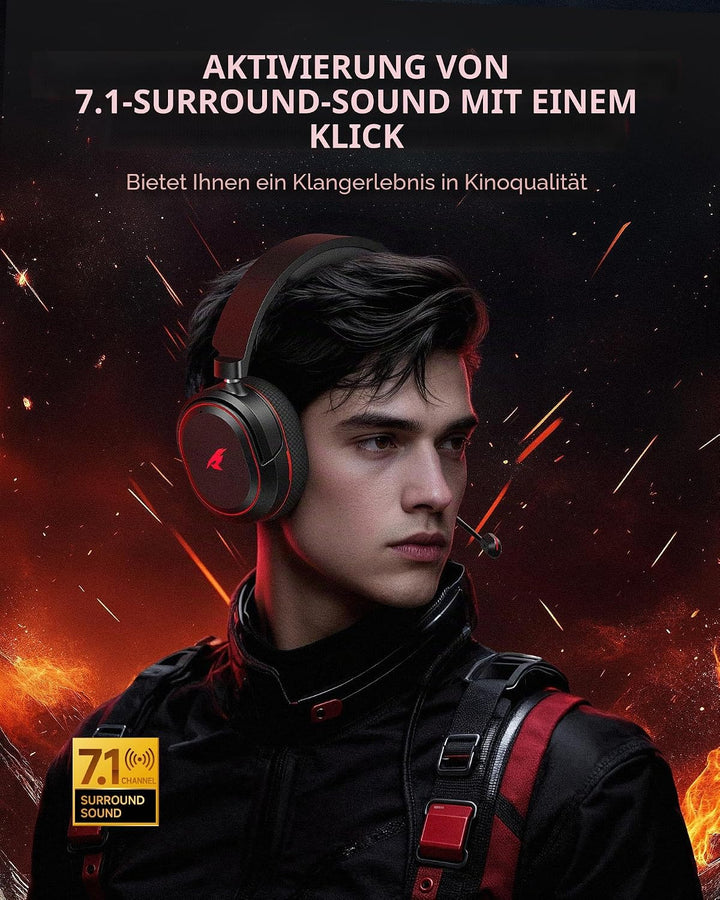 Picun G2 Wireless Gaming Headset, Over-Ear 7.1 Virtual Surround Sound, 2.4GHz/Bluetooth 5.4/Wired, 5