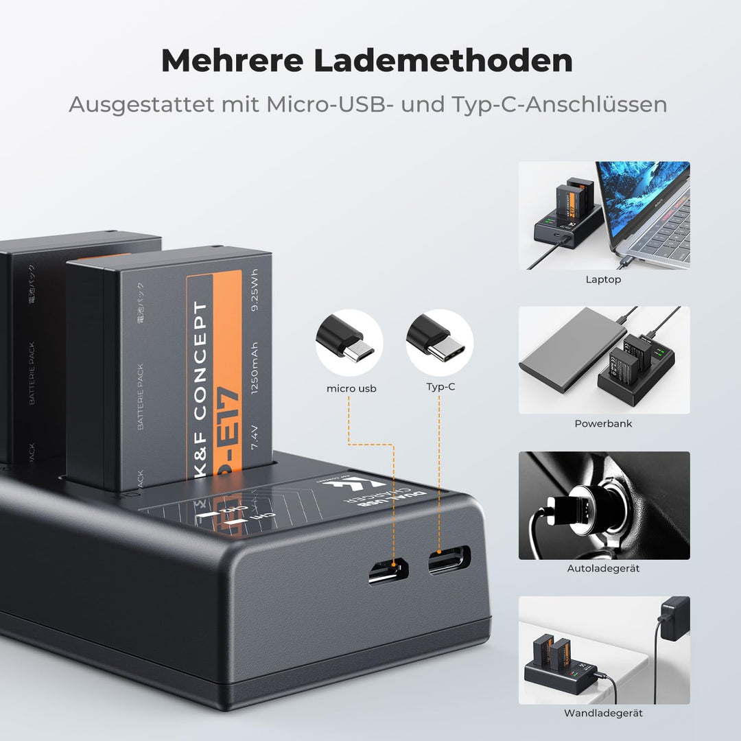 LP-E17 Kameraakkus Ladegerät 1250mAh ，K&F Concept Batterie Ladeset für Canon EOS RP,Rebel T8i,T7i,T6