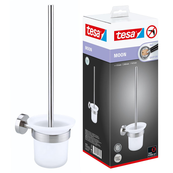 tesa Moon WC-Garnitur, satiniertes Glas und verchromter Edelstahl - Toilettenbürsten-Set zur Wandbef