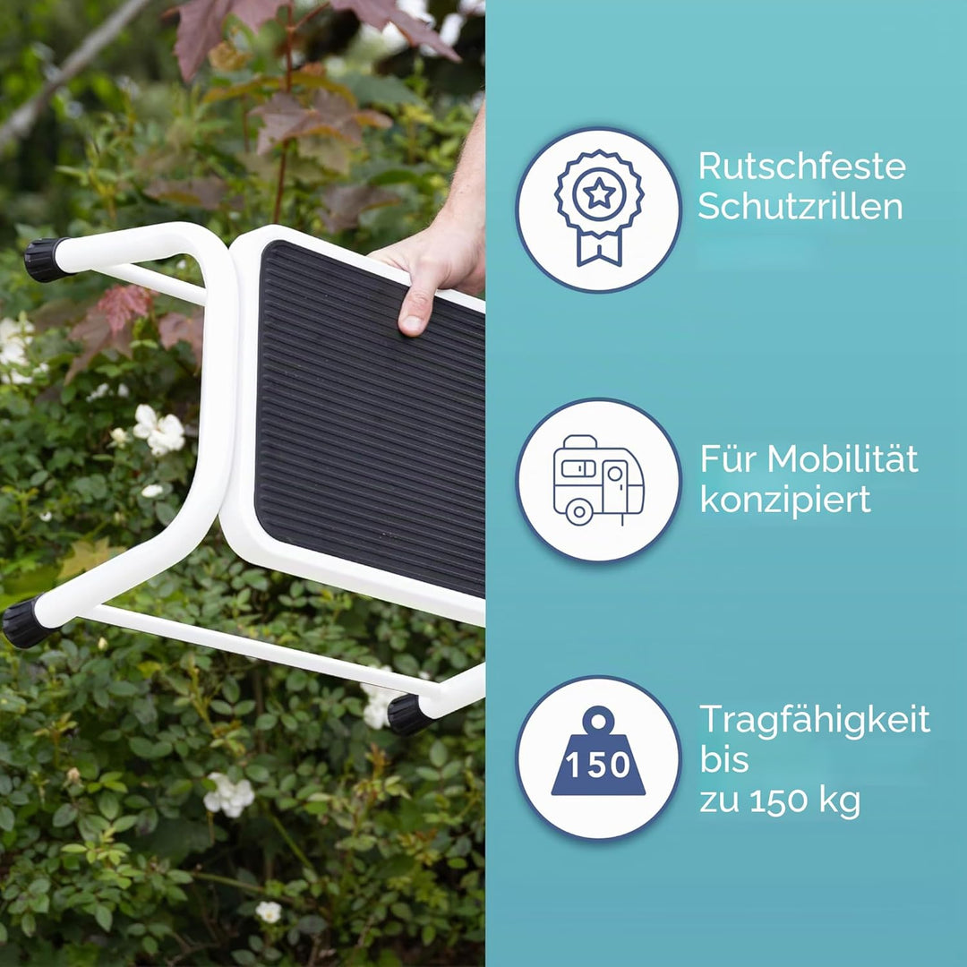 HEFTMAN Weisser Tritthocker – robuster, einzelner Wohnwagen-Tritthocker mit rutschfesten Rillen und