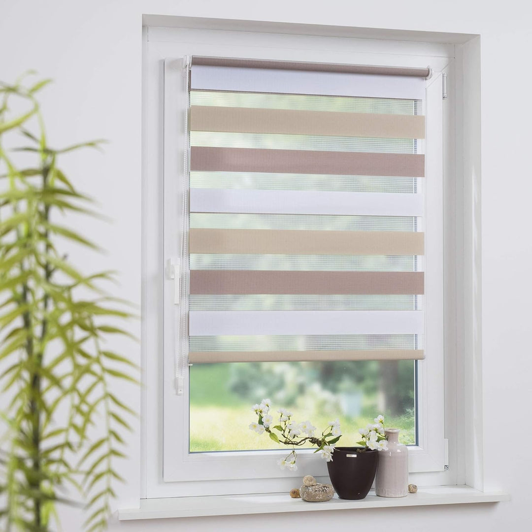 Klemmfix Doppelrollo dreifarbig hell beige Creme weiss - Breite 45 bis 120 cm, Länge 150 cm BZW. 210