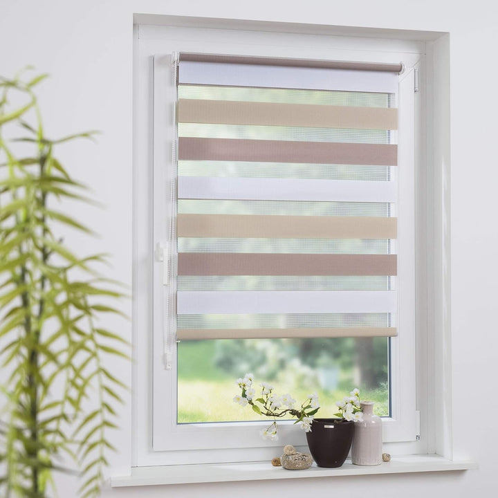 Klemmfix Doppelrollo dreifarbig hell beige Creme weiss - Breite 45 bis 120 cm, Länge 150 cm BZW. 210