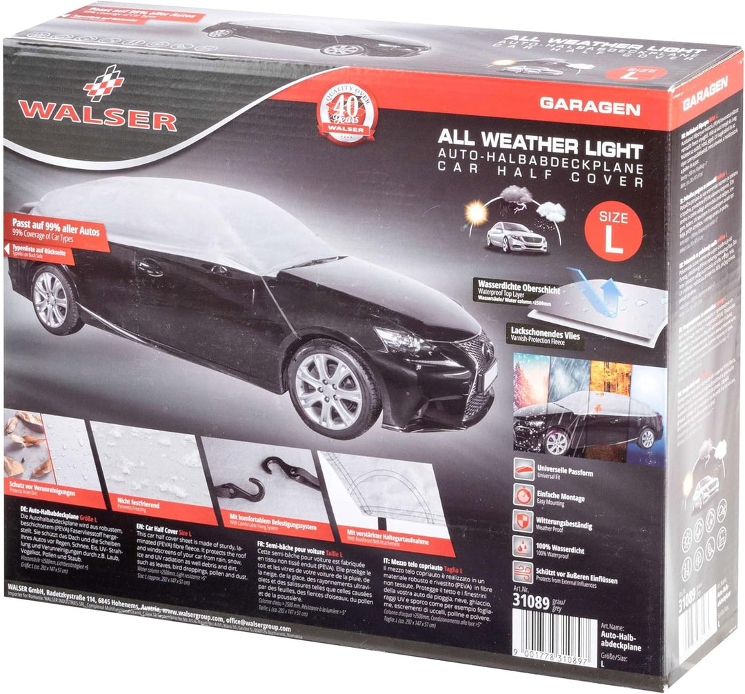 WALSER Autoabdeckung All Weather Light Halbgarage Grösse L hellgrau, wasserdichte Halbgarage, Staubd