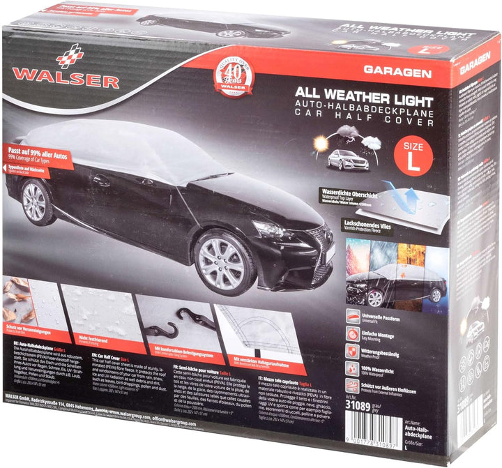 WALSER Autoabdeckung All Weather Light Halbgarage Grösse L hellgrau, wasserdichte Halbgarage, Staubd