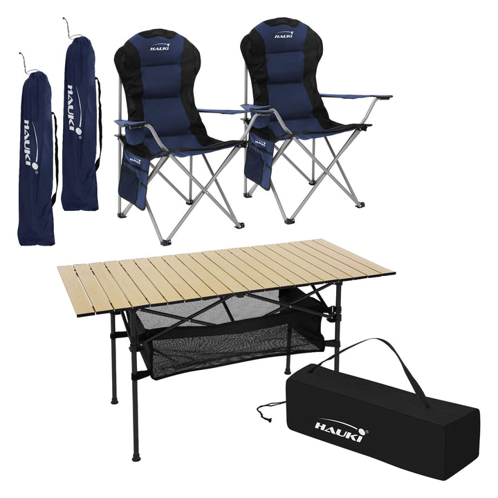 Hauki Campingmöbel Set 3tlg. Campingtisch faltbar Beige mit 2 Campingstühlen Blau, Camping-Set für 2