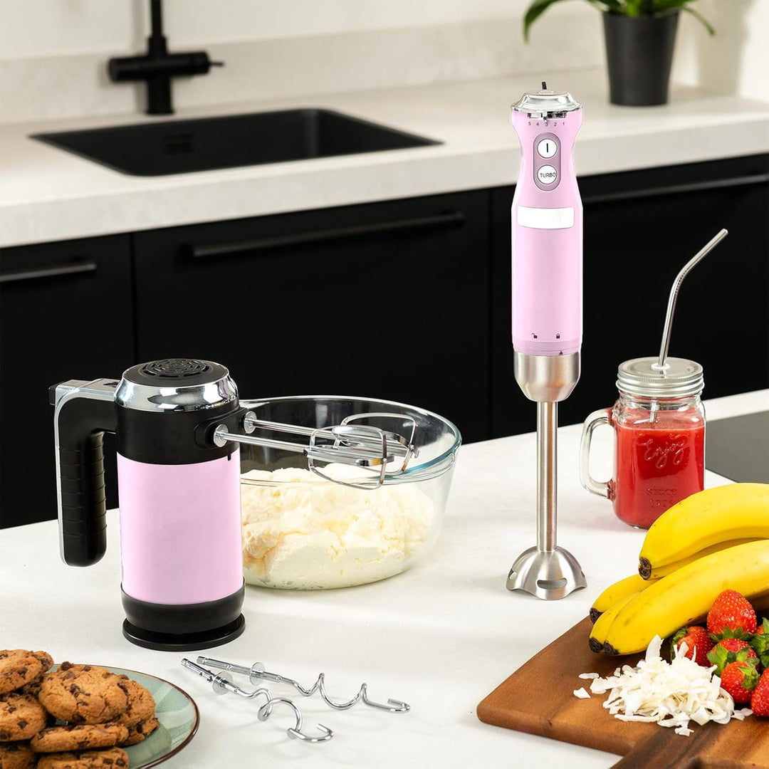 Westinghouse Retro-Stabmixer, Turbofunktion, Handblender, Edelstahl-Mixfuss, spritzarm, 600 W, rosa