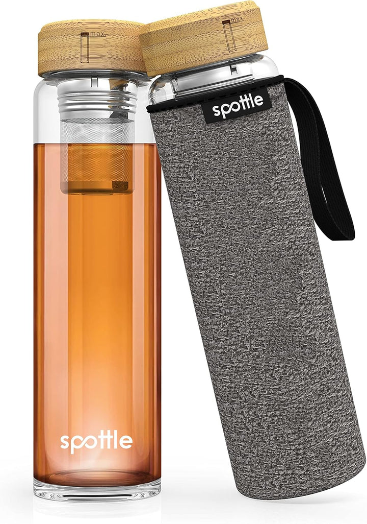 spottle Teeflasche Glas 1 Liter mit Siebeinsatz – Teekanne to go - Glasflasche mit Teeeinsatz und Sc