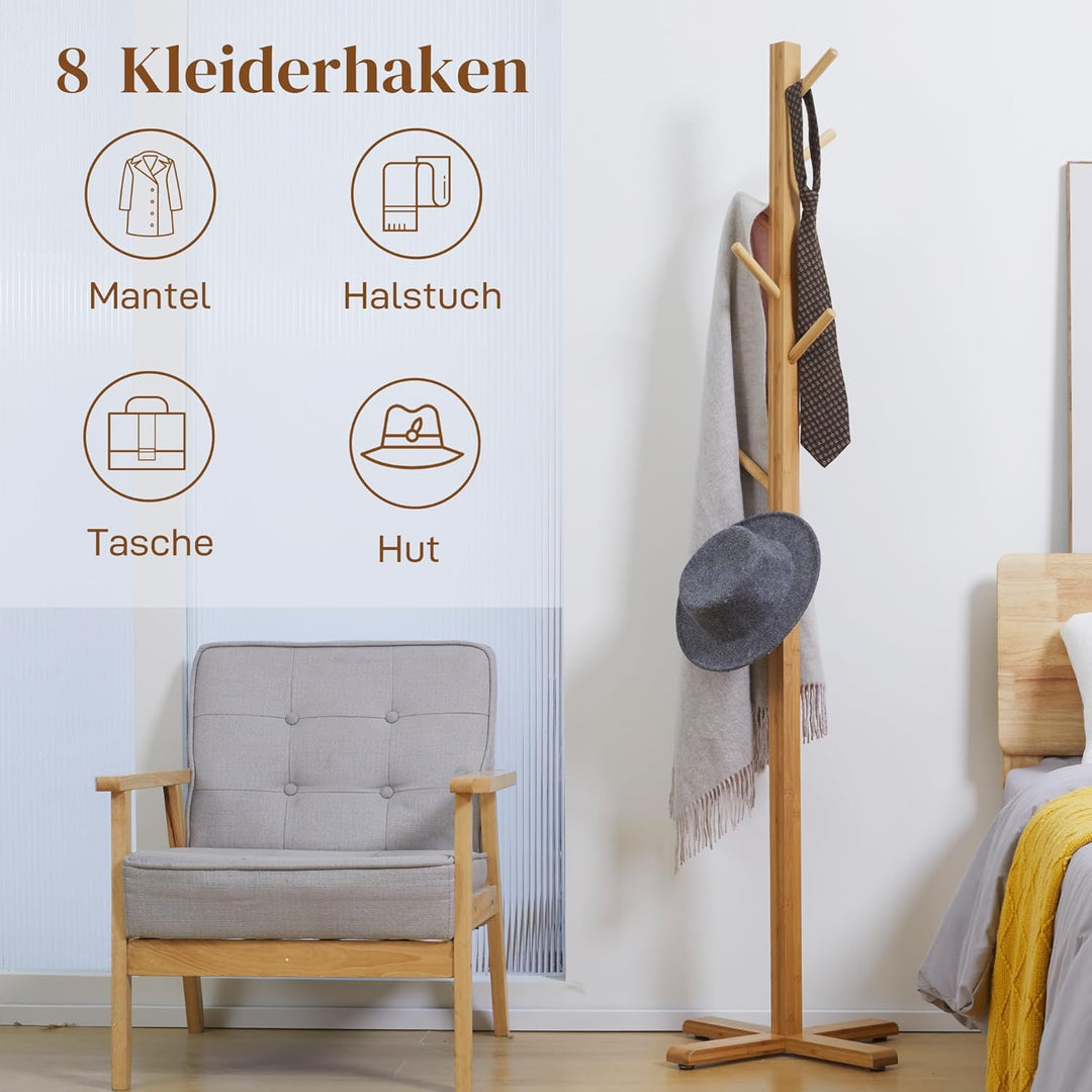 HOMCOM Garderobenständer aus Bambus, Jackenständer mit 8 Haken, Garderobe, Kleiderständer für Schlaf