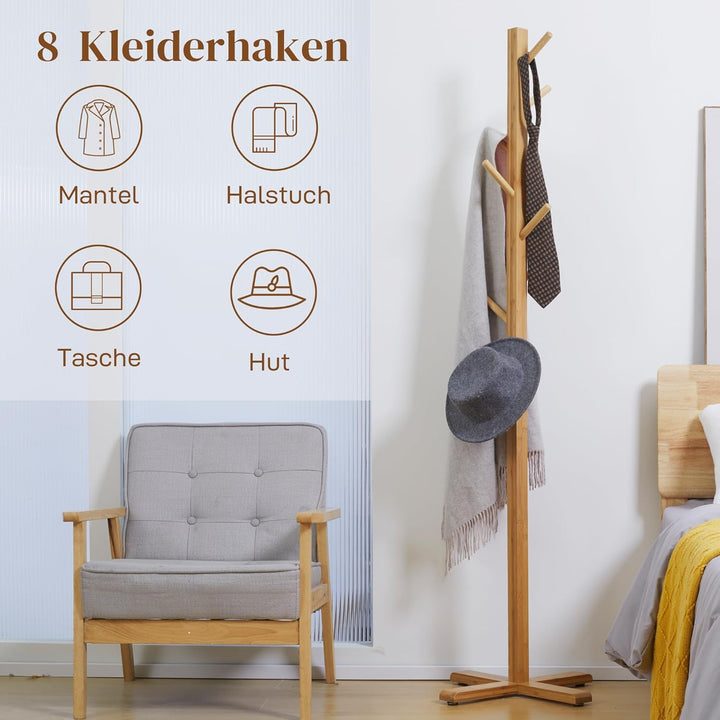 HOMCOM Garderobenständer aus Bambus, Jackenständer mit 8 Haken, Garderobe, Kleiderständer für Schlaf