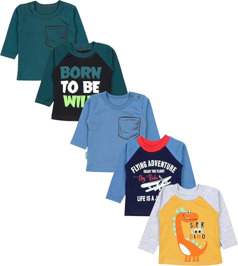 TupTam Baby Jungen Langarmshirt Gestreift 5er Set 74 Flugzeug Dunkelblau Wild Schwarz Dino Senfgelb