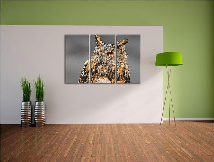 schöne stolze Waldohreule schwarz/weiss Deluxe 3-Teiler Leinwandbild 120x80 Bild auf Leinwand, XXL r