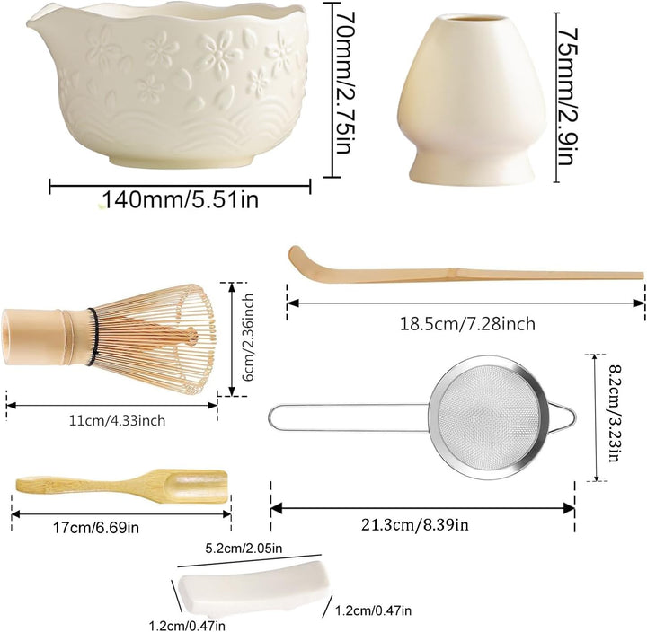 Matcha Tea Set Beige Weiss,6 Piece Matcha Besen, with Matcha Whisk, Matcha Broom,Schale,Matcha Bowl