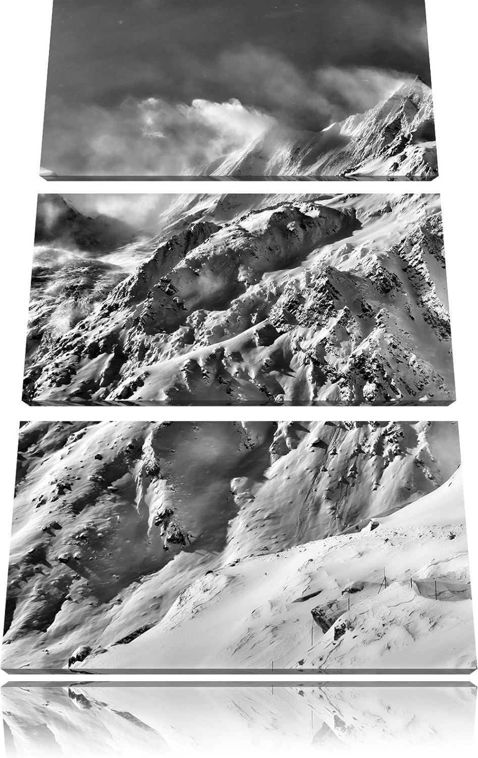 Pixxprint Monocrome, schneebedeckte Berggipfel 3-Teiler Leinwandbild 120x80 Bild auf Leinwand