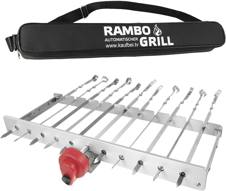 BEM Rambo Grillaufsatz mit Motor inkl. 12 Spiesse + Powerbank, Drehspiesse aus Edelstahl, Schaschlik