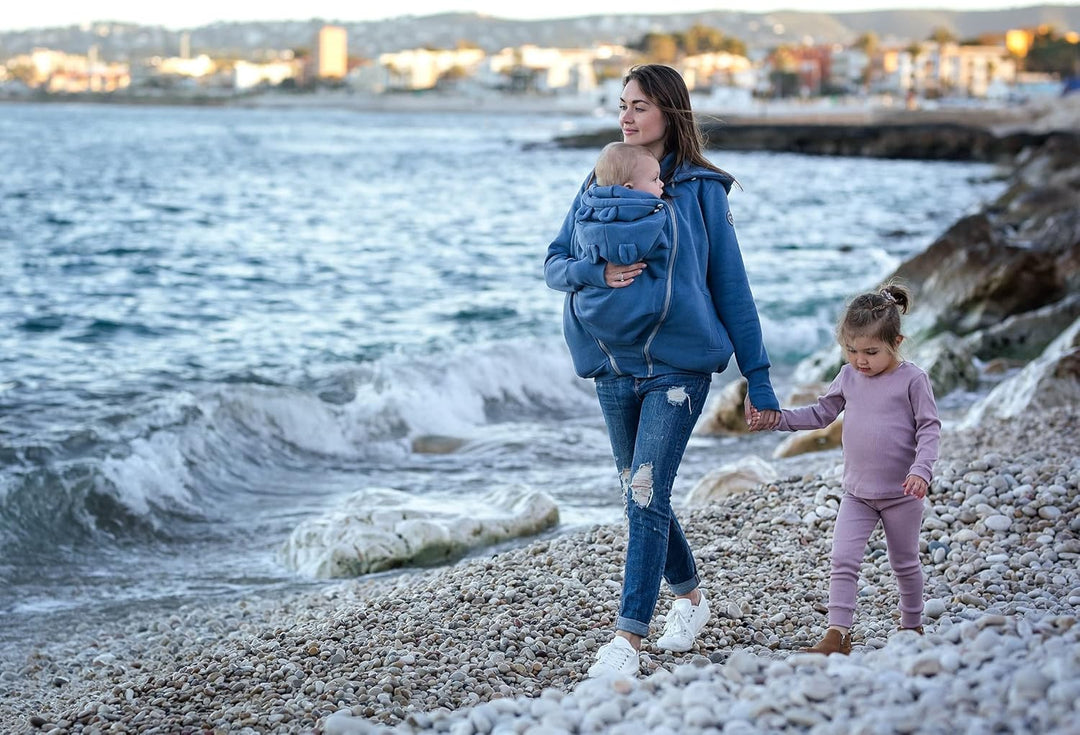 fun2bemum Pola 4in1 Baby Tragejacke für Mama Känguru Kapuze VORNE/HINTEN S Jeans Blau, S Jeans Blau