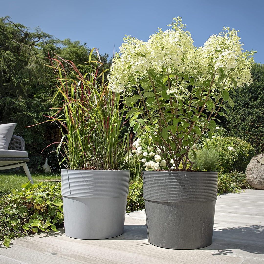 Scheurich Groove+ 30, Pflanzgefäss/Pflanzkübel, rund, Farbe: Carbon, hergestellt mit recyceltem Kuns