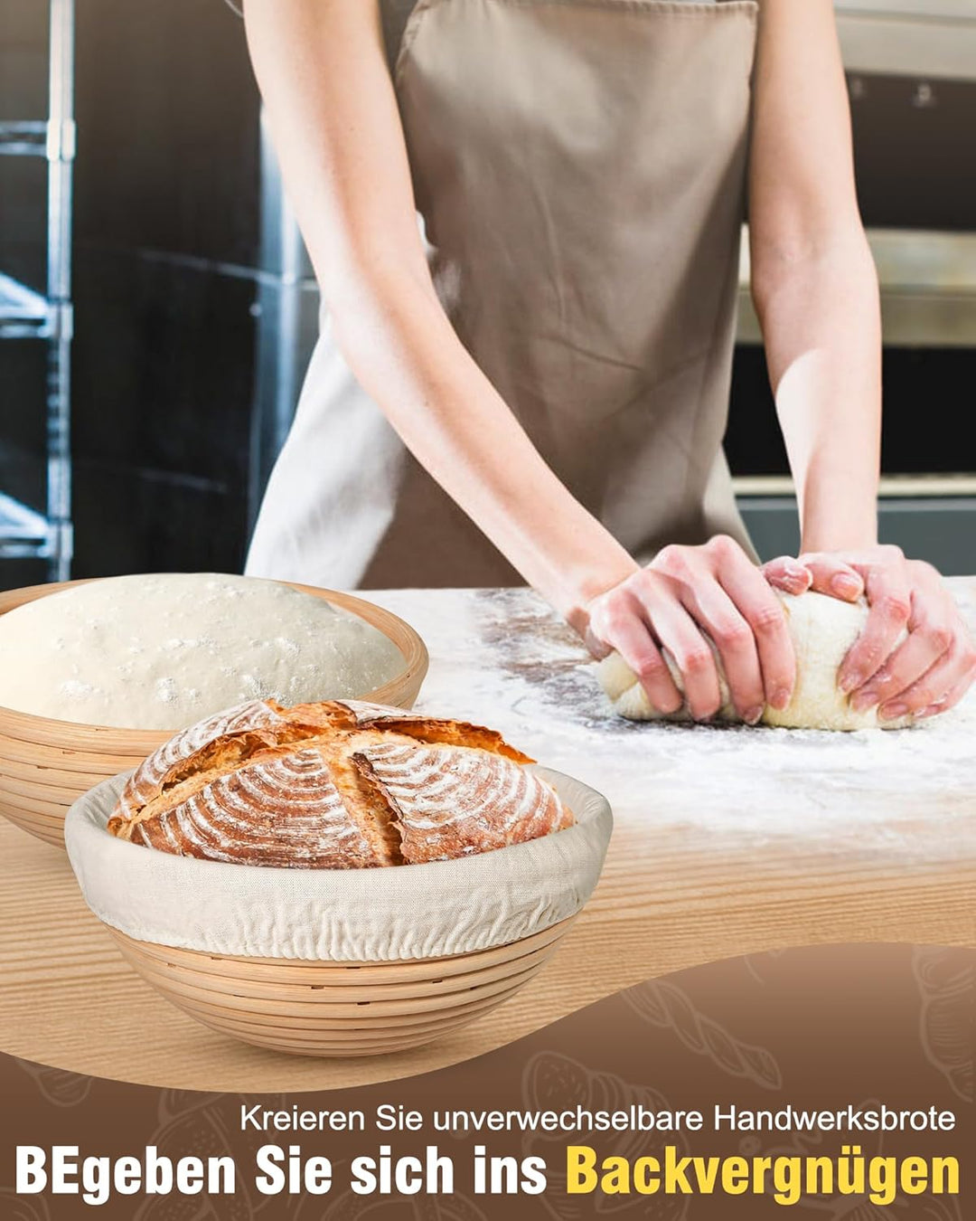 Gärkörbchen Set 2-teilig, 9 Zoll Rundes Gärkorb Brot mit Leinen-Einsätzen - aus Hohe Qualität Rattan