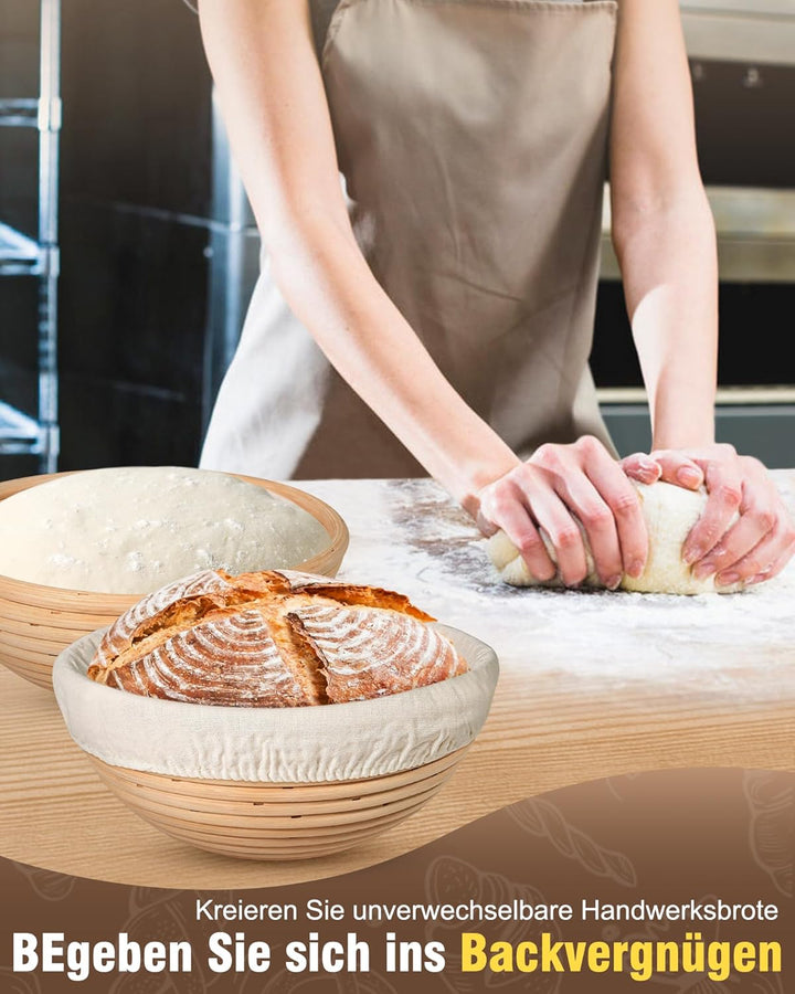 Gärkörbchen Set 2-teilig, 9 Zoll Rundes Gärkorb Brot mit Leinen-Einsätzen - aus Hohe Qualität Rattan