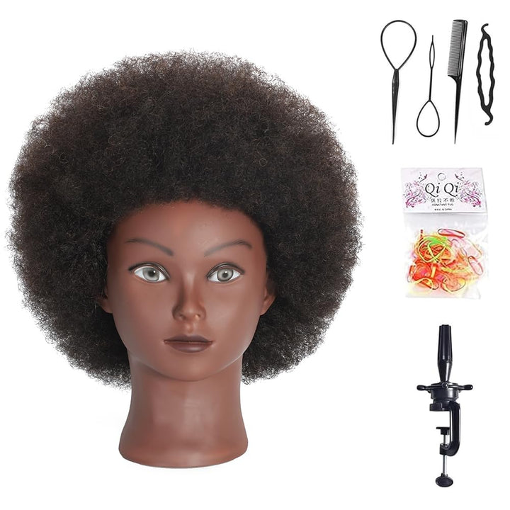 Training Head African American with 100% Human Hair Mannequin Head Cosmetology Afro Hair Manikin Hea