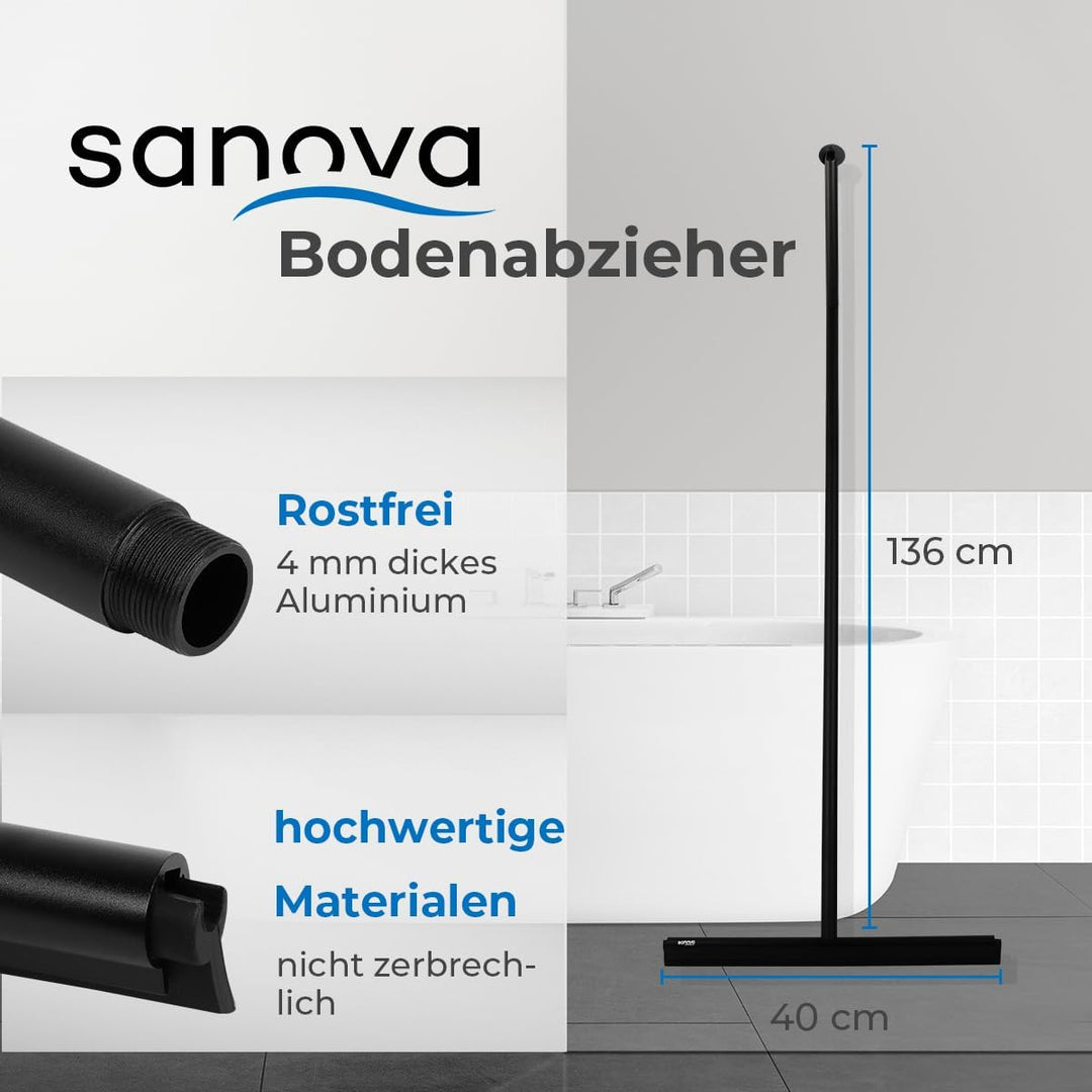 Sanova Luxus Silikon Abzieher Boden & Duschabzieher Schwarz - 136 x 40 cm - Fliesen & Duschwand Abzi