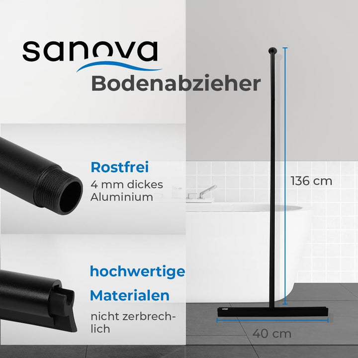Sanova Luxus Silikon Abzieher Boden & Duschabzieher Schwarz - 136 x 40 cm - Fliesen & Duschwand Abzi