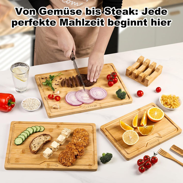 Bambus Schneidebrett Set 3-teilig mit Halter – Grosse Küchenbretter aus Bambus (40x28 / 36x24 / 30x2