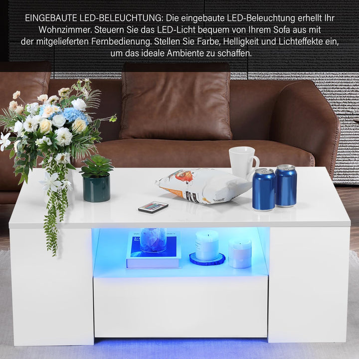 Couchtisch mit LED-Beleuchtung, Modern Sofatisch Wohnzimmertisch mit 2 Schublade, 100x55x37cm Weiss,