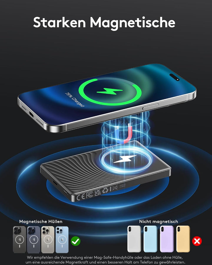 iPhone Powerbank für Magsafe, Ultra Slim 10000mAh Magnetic Power Bank Wireless, 20W PD Schnellladung