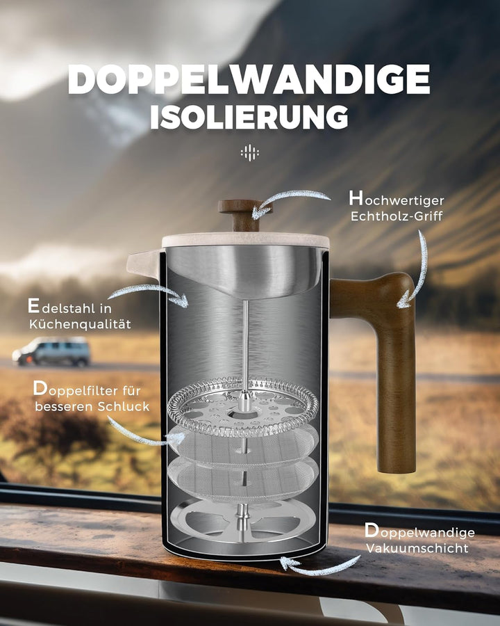 Poliviar French Press Kaffeebereiter 1 Liter/8 Tassen, Doppelwandige Isolierte Kaffeekanne, Handfilt