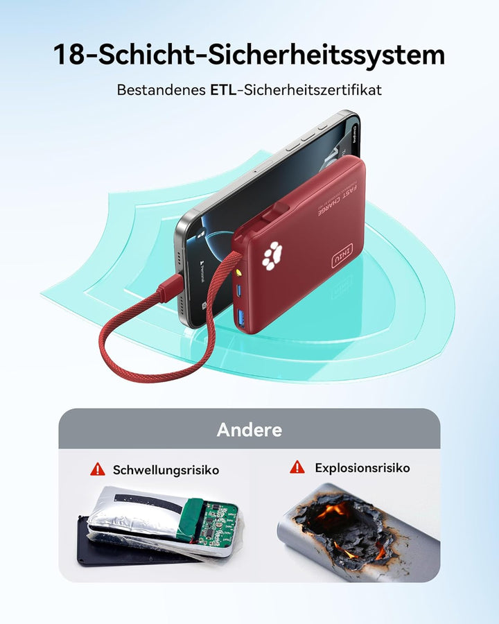 INIU 45W Power Bank, Mini-Grösse 10000mAh PowerBank mit Integriertem USB-C Kabel, Schnellladen Exter
