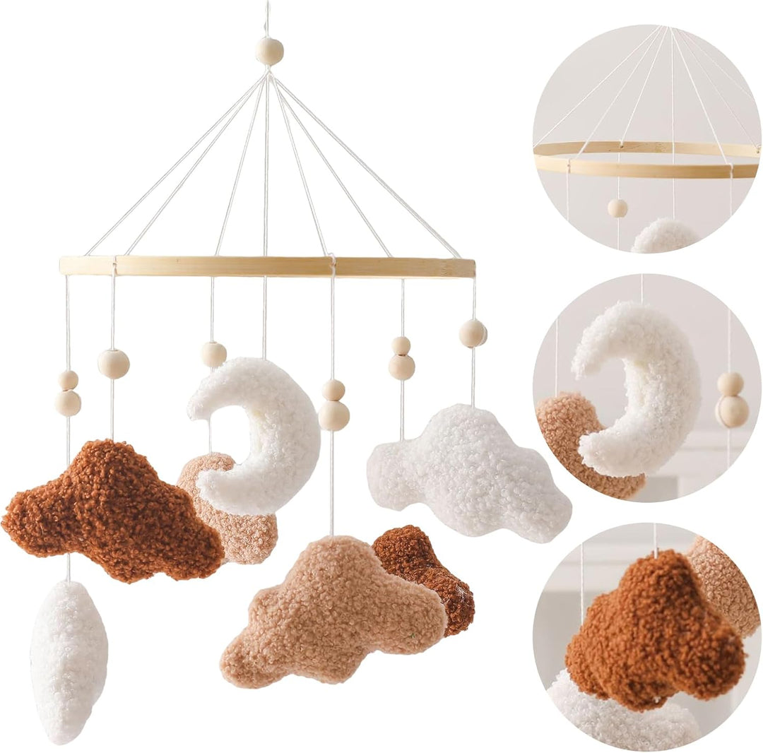 Mobile Baby Windspiele, Babybett Mobile Holz mit 3D Wolken Mond, Kinderzimmer Hängende Bettglocke, N