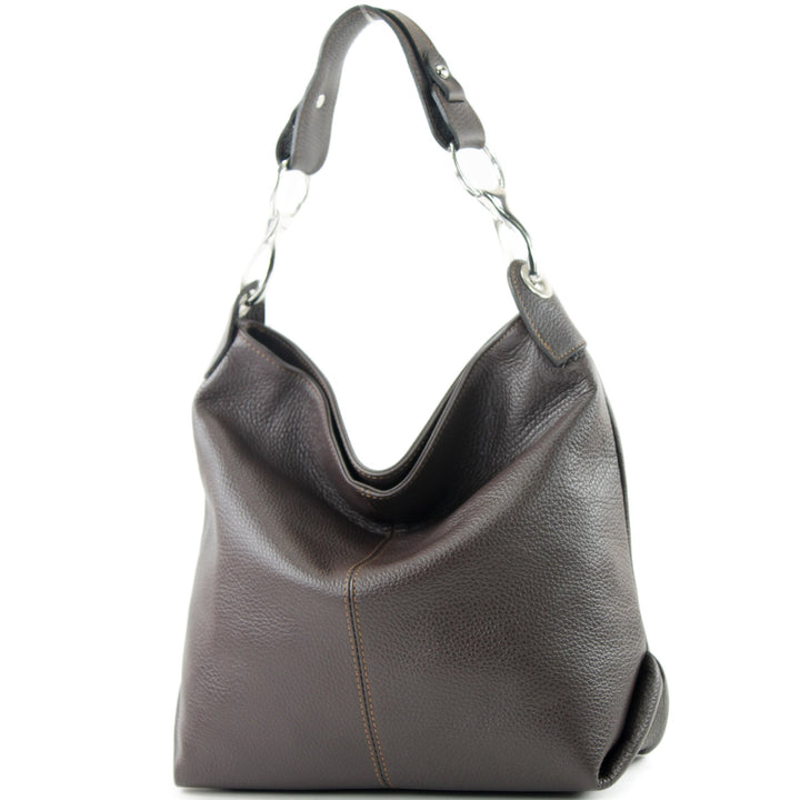 modamoda de - T168 - ital Schultertasche Umhängetasche aus Leder Dark Chocolate, Dark Chocolate