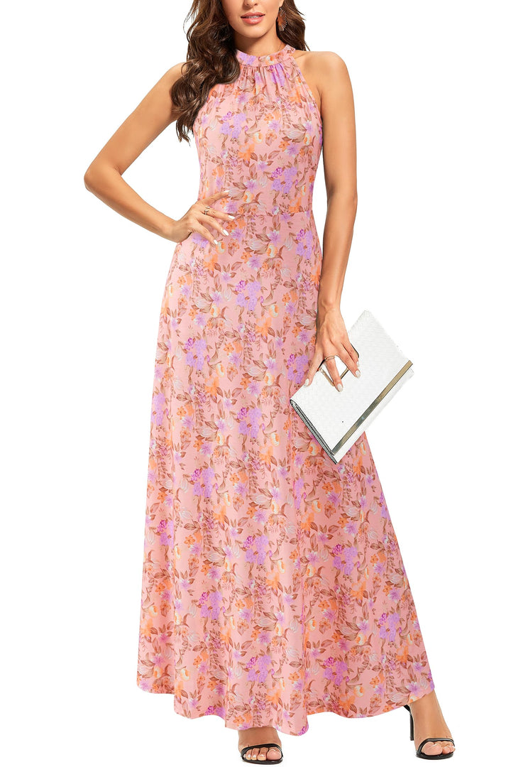 STYLEWORD Damen Neckholder Elegant Sommerkleid Ärmellos Blumenkleid Maxikleid Lange Strandkleid, L F