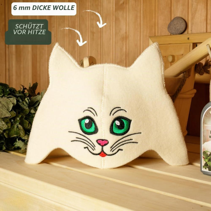 Natural Textile Saunahut "Sauna Kitten Green" weiss - 100% Bio-Wollfilzmmützen für russische Banya -