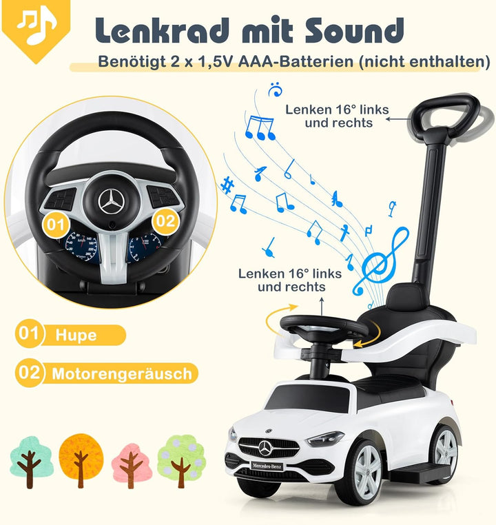 COSTWAY Mercedes-Benz Rutschauto, 3-in-1 Rutschfahrzeug mit Schiebegriff, Stauraum & Lenkschieber, S