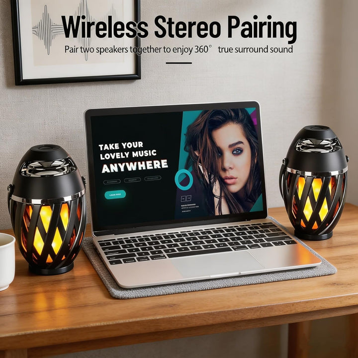 2 PCS Bluetooth Lautsprecher mit Flammen Effekt,IP65 Wasserdicht Outdoor-Bluetooth-Lautsprecher,Camp