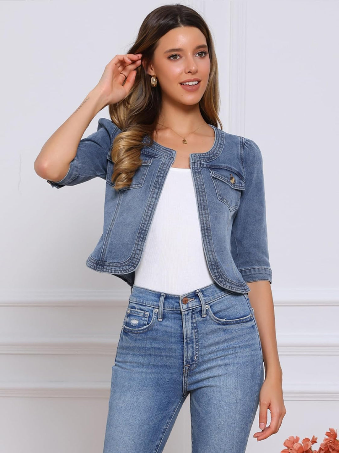 Allegra K Damen Kurze Jeansjacke Kragenlos 3/4 Ärmel Jeansjacken S Grau Blau, S Grau Blau