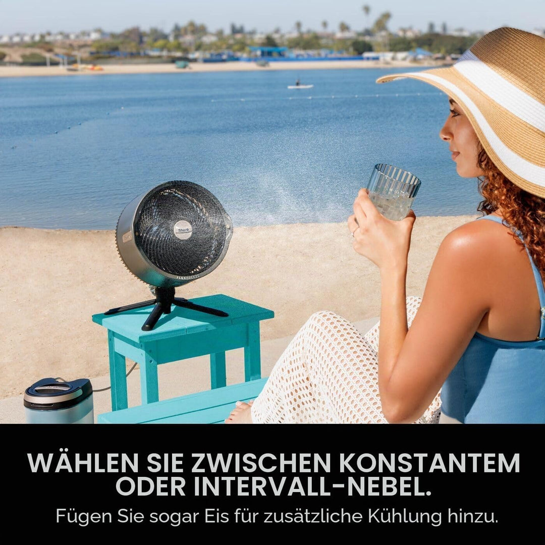 Shark FlexBreeze Pro Mist kabelloser Innen- & Aussenventilator mit Aussennebelsystem, 20 m Kühlreich