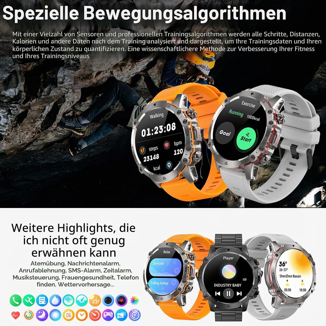 Smartwatch Herren mit Telefonfunktion, 1,43 Zoll HD Voll Touchscreen 5ATM mit 110+ Sportmodi Fitness