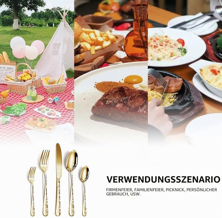 Aoresac Besteck-Set für 4 Personen, 20 Stück, aus Edelstahl, poliertes Muster, mit Blumenspiegel, in