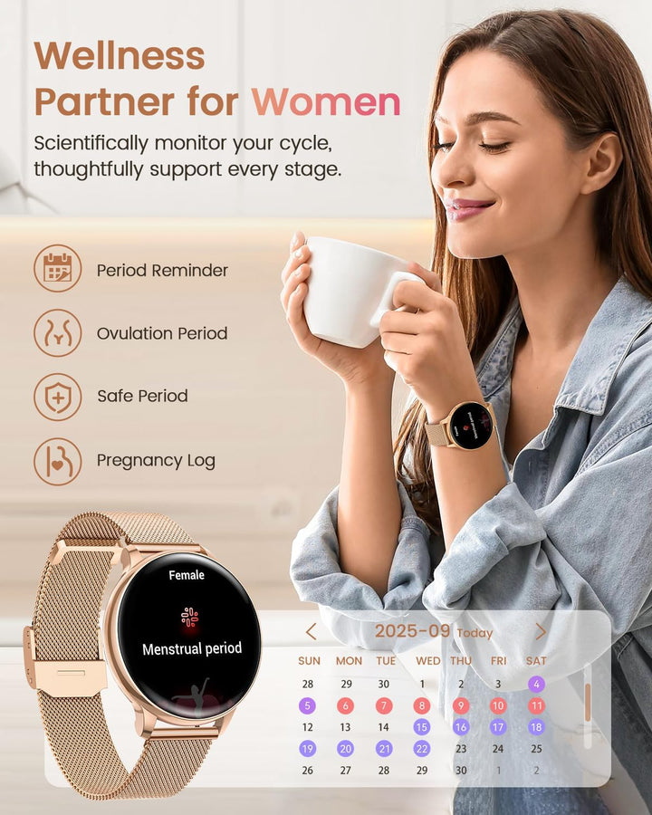 RUXINGX Smartwatch Damen, 1.27" Smart Watch Rund mit Telefonfunktion, 24H SpO2 Pulsuhr, Fitnessuhr m