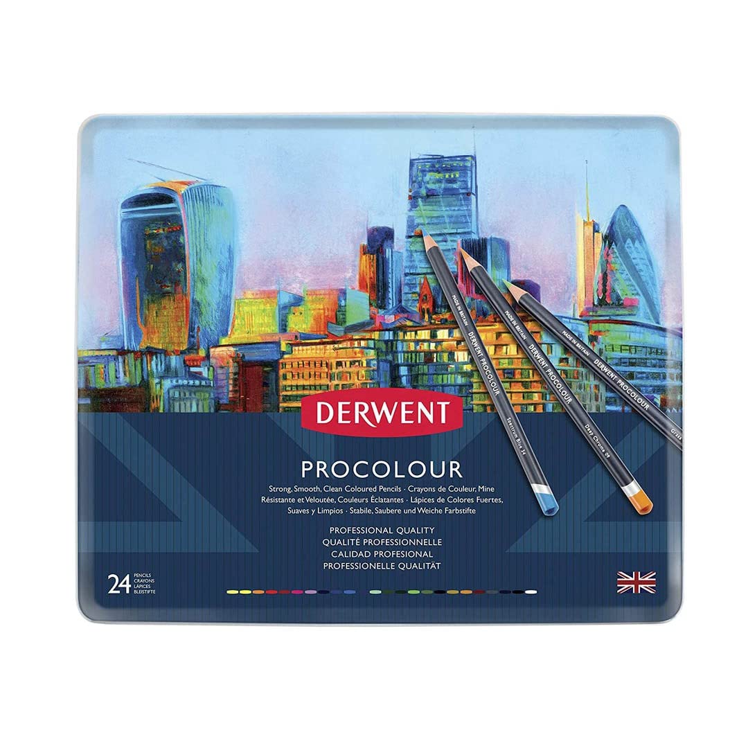 Derwent Procolour Buntstifte, Set mit 24 Stück in Metalldose, 4mm Runder Kern in Premium-Stärke, Gla