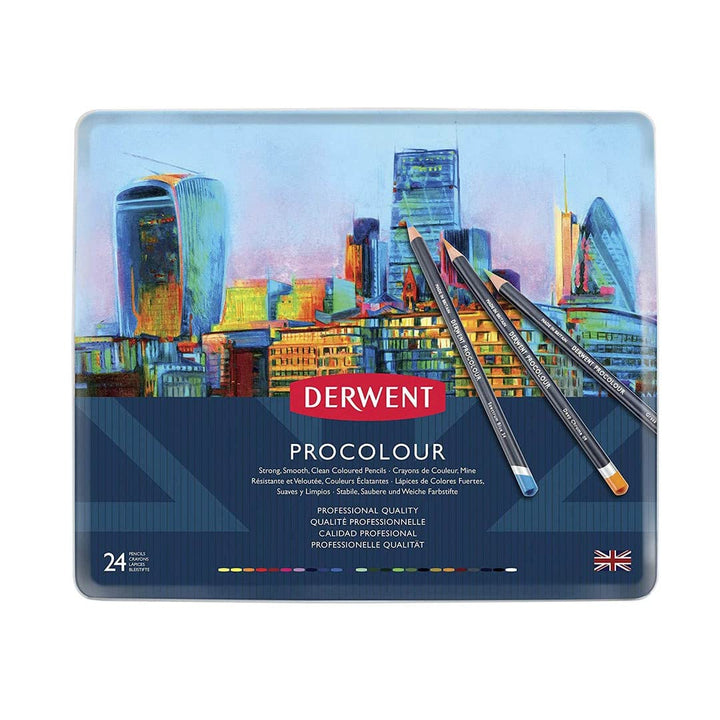 Derwent Procolour Buntstifte, Set mit 24 Stück in Metalldose, 4mm Runder Kern in Premium-Stärke, Gla