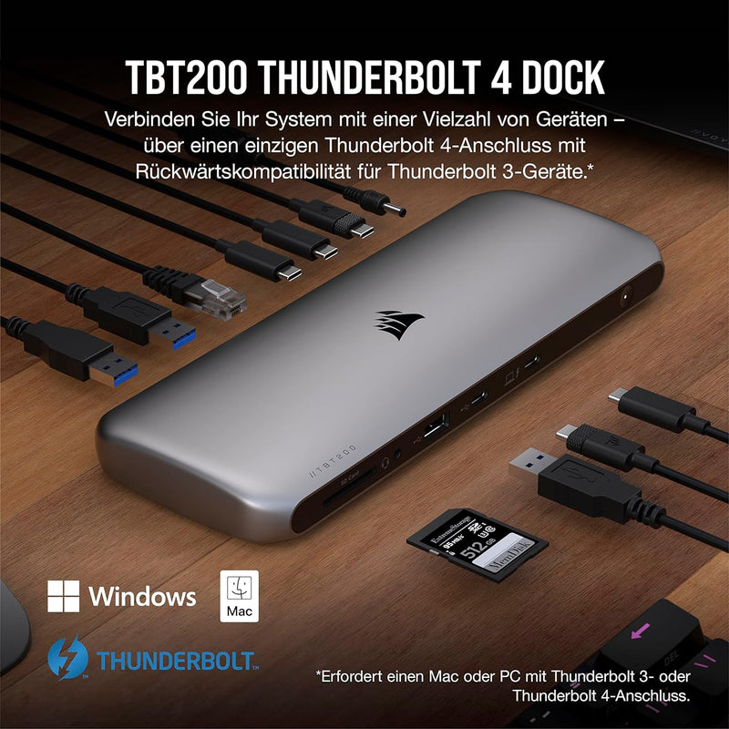 Corsair TBT200 Thunderbolt 4 Dock - Power Delivery bis 96 W - 4 ×-Anschlüsse - Thunderbolt Dock Util