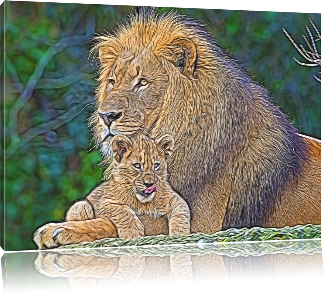 lieber Löwe mit Jungtier Deluxe Format: 100x70 cm auf Leinwand, XXL riesige Bilder fertig gerahmt mi
