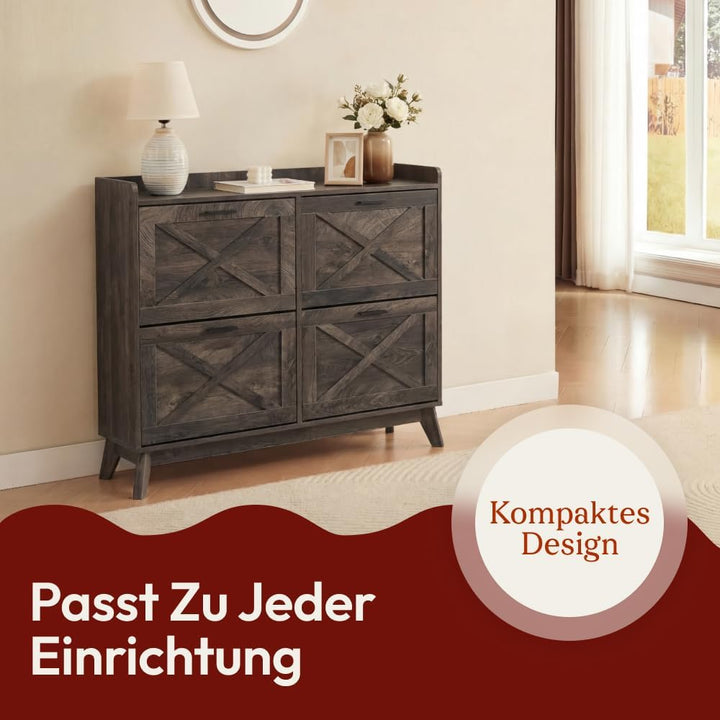 CASABEL Schuhschrank mit 4 Klappen, Fronten mit Kreuzmuster, DunklesHolz, Funktionales Design, Gross