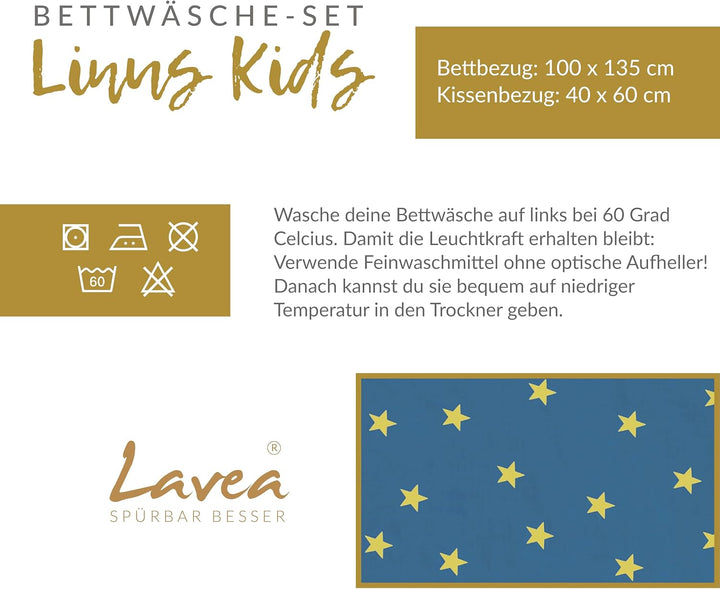Lavea Kinderbettwäsche Set - Linus Kids 100 x 135cm + 40 x 60cm. Design: Sterne - Farbe: Blau 100% B